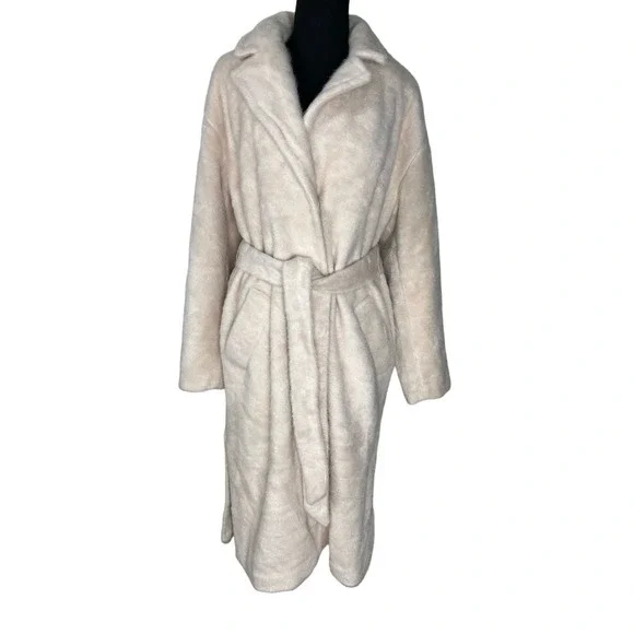 Isaac Mizrahi Wrap Long Coat with Notched Collar & Pockets OYSTER NWOT SIZE M - Picture 3 of 12